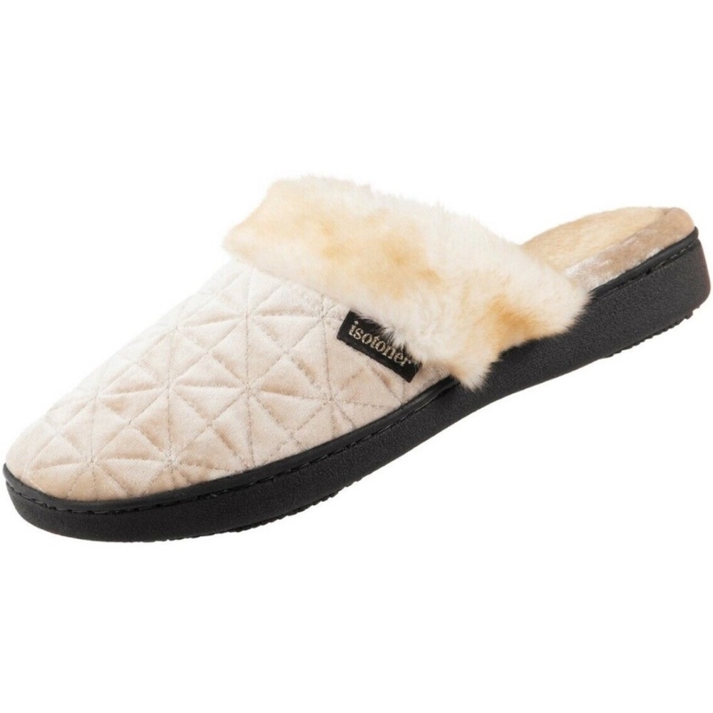NWT Isotoner Big Girl Crushed Velour Slippers - White Cream, 6.5/7